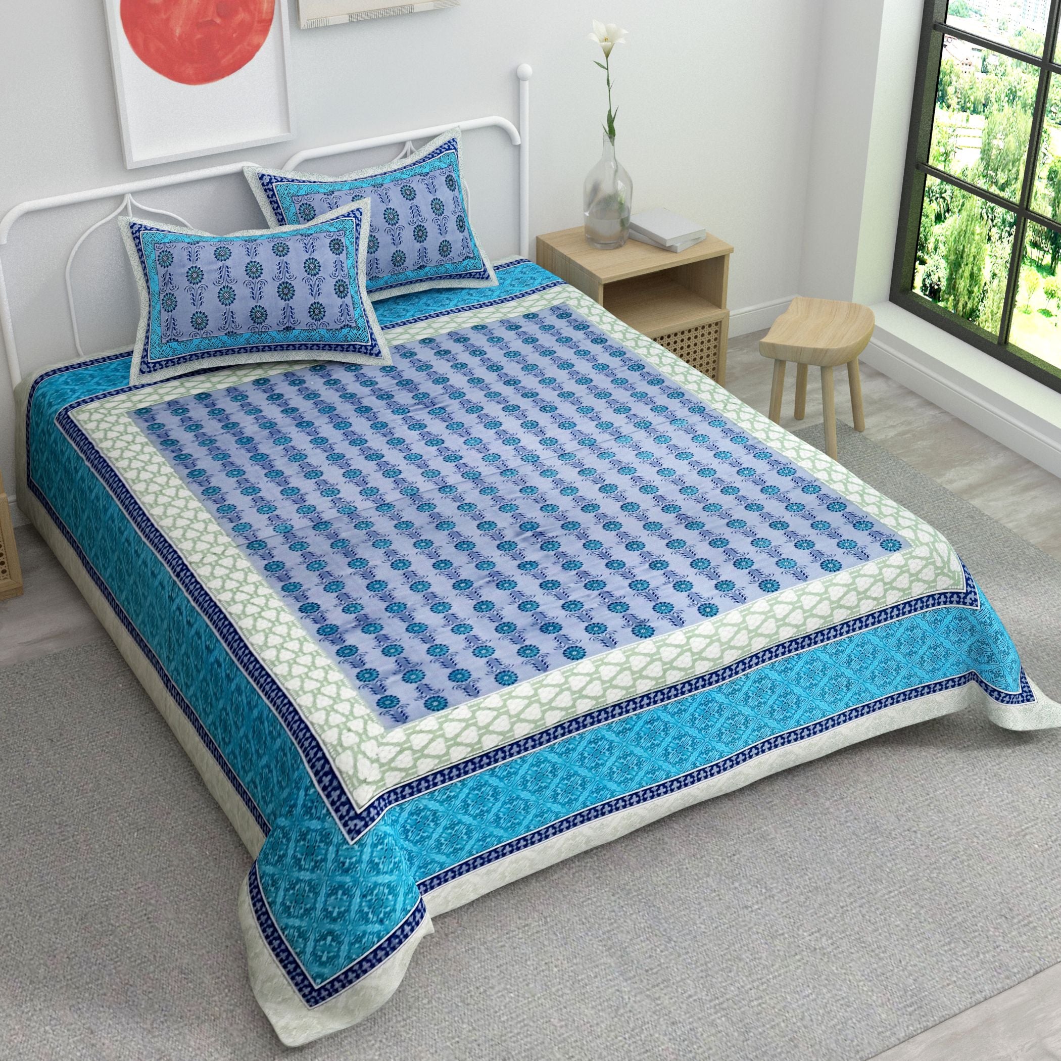 Blue Ethnic Motifs Cotton 220 TC King Bedsheet With 2 Zipper Pillow Covers - King Size by House of Ree - Distacart
