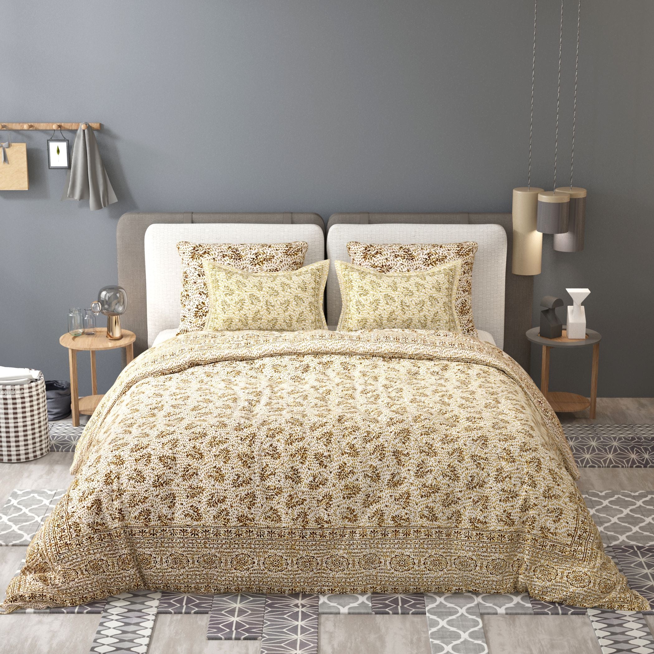 White Orange Ethnic Motifs Cotton 200TC King Bedsheet With 2 Zipper Pillow Covers - King Size by House of Ree - Distacart