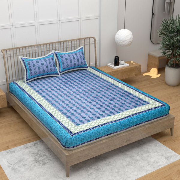 Blue Ethnic Motifs Cotton 220 TC King Bedsheet With 2 Zipper Pillow Covers - King Size by House of Ree - Distacart