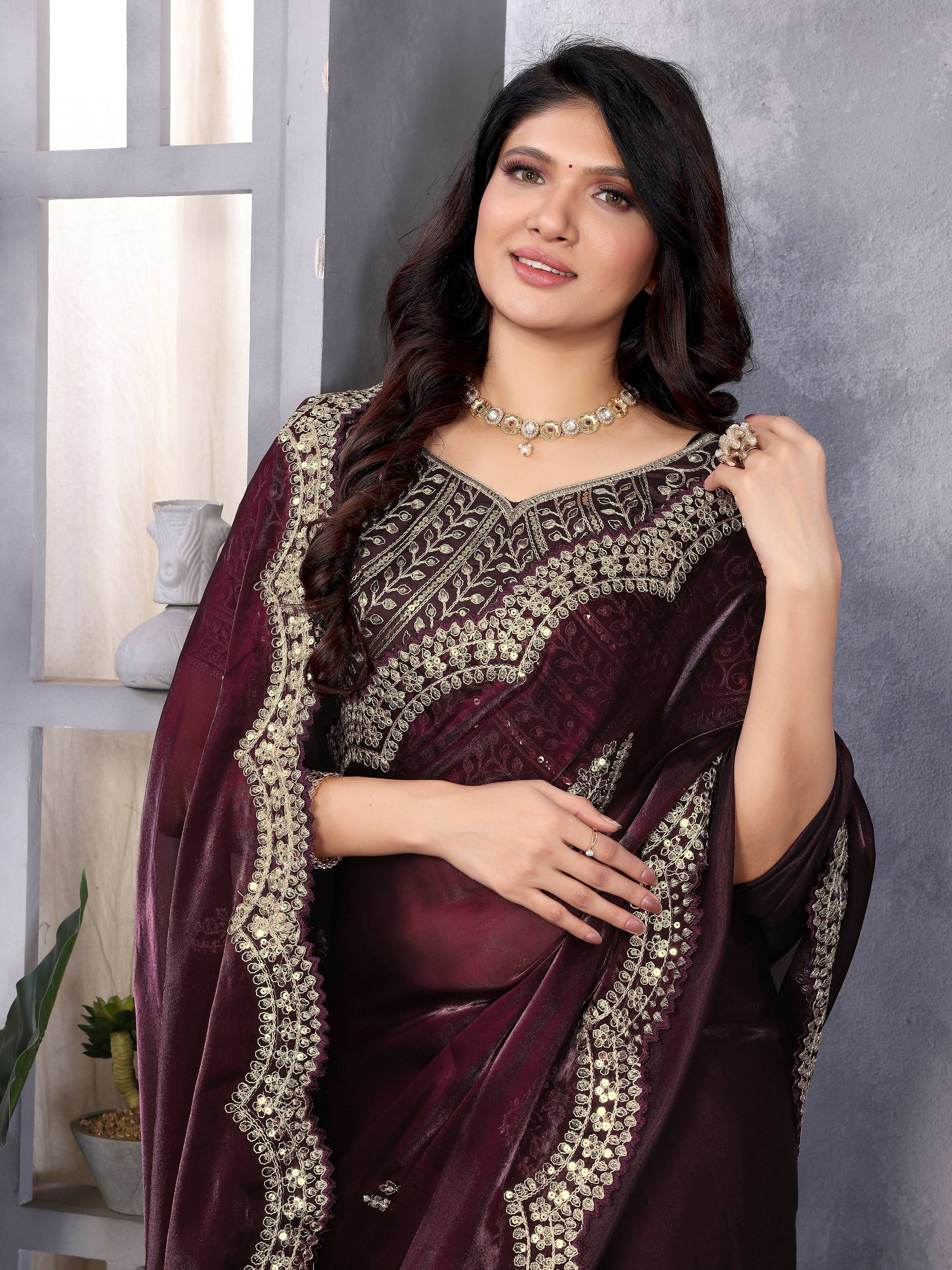 Vastranavya Wine Embroidery Work Shimmer Chiffon Saree with Unstitched Blouse