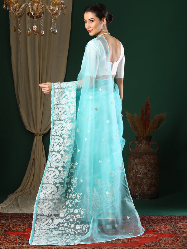 NOZ2TOZ Women's Organza Light Blue Embroidered Designer Saree With Blouse Piece - Distacart