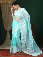 Thumbnail for NOZ2TOZ Women's Organza Light Blue Embroidered Designer Saree With Blouse Piece - Distacart