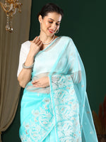 Thumbnail for NOZ2TOZ Women's Organza Light Blue Embroidered Designer Saree With Blouse Piece - Distacart