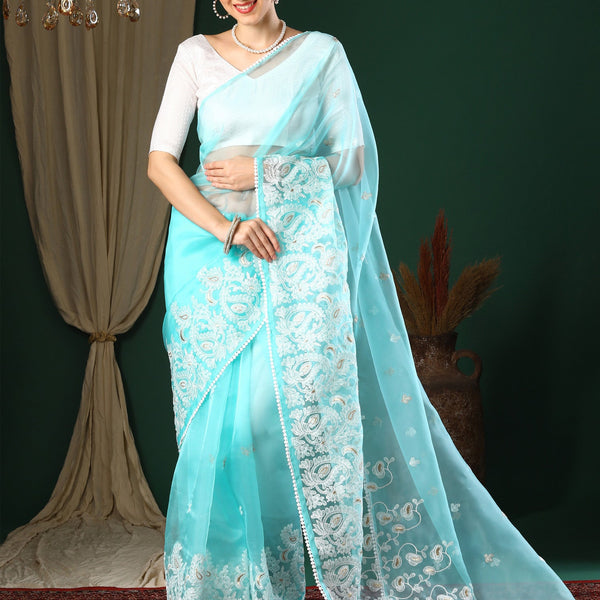 NOZ2TOZ Women's Organza Light Blue Embroidered Designer Saree With Blouse Piece - Distacart
