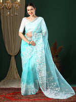Thumbnail for NOZ2TOZ Women's Organza Light Blue Embroidered Designer Saree With Blouse Piece - Distacart