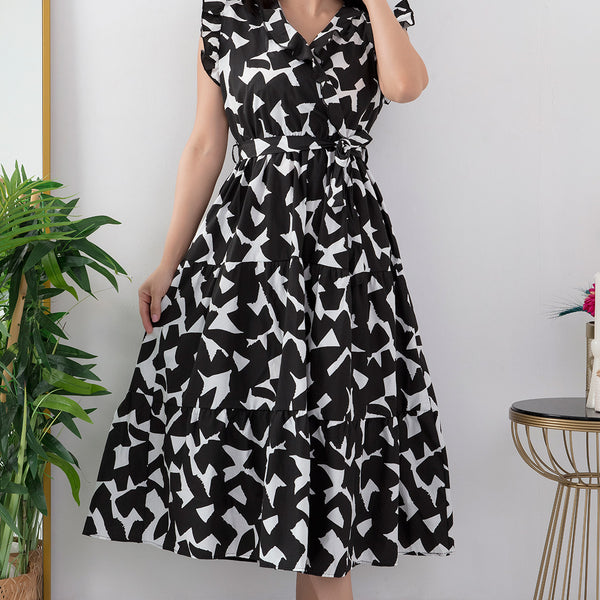 Pimu V-Neck Maxi Dress with Graphic Print-Black