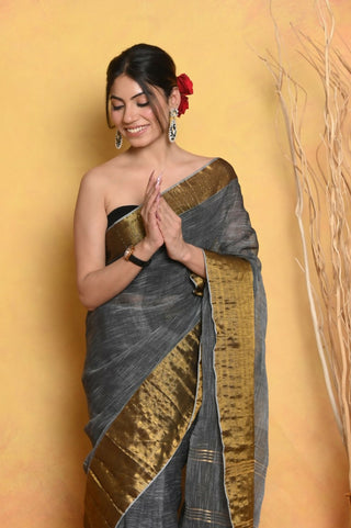 Very Much Indian Handloom Pure Cotton Linen Saree With Golden Border - Grey Gold - Distacart