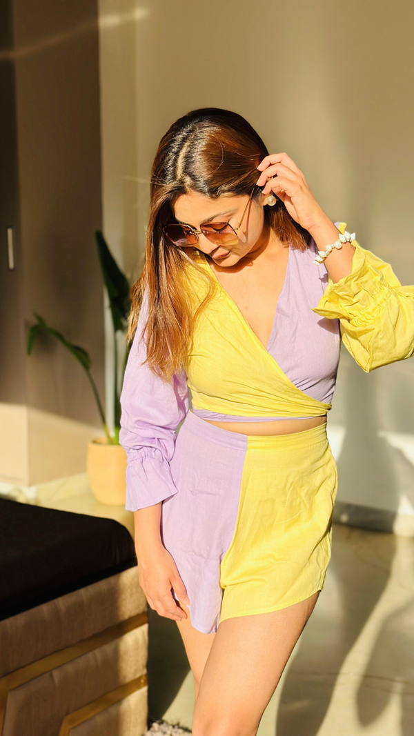 Noroke Sustainable fabric | Linen Cotton Front Tie Linen Co-Ord Set Women - Purple Yellow - Distacart