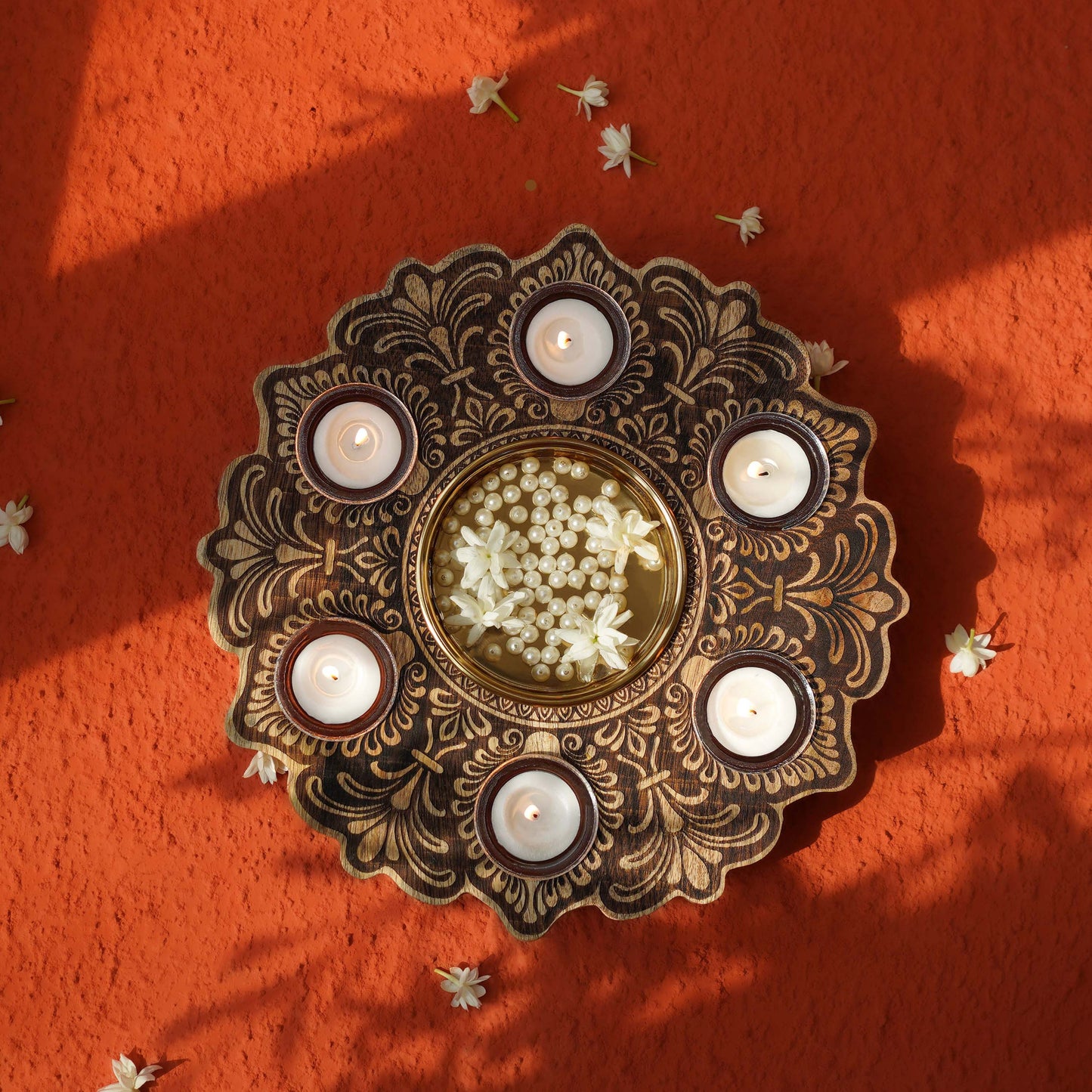 mandala wooden urli with tealights brown