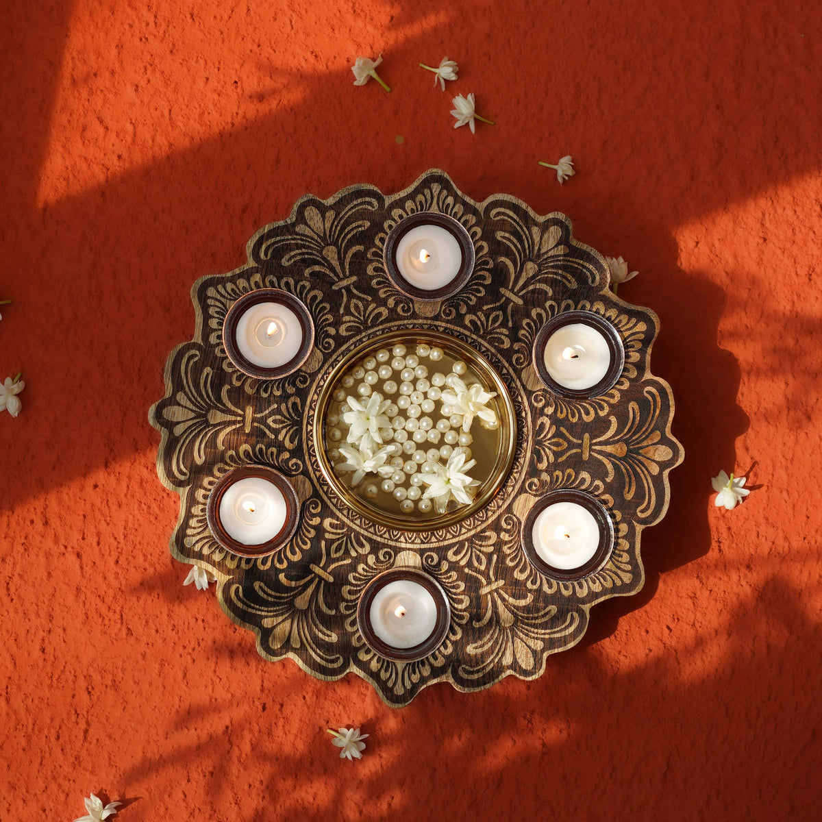 mandala wooden urli with tealights brown