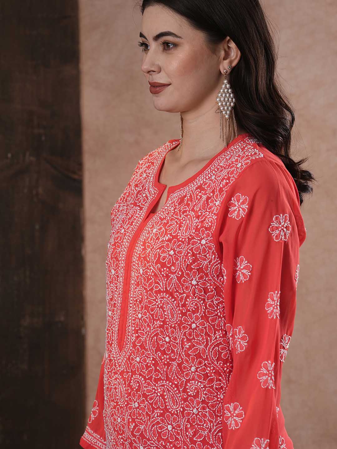 ADA Women Red & White Chikankari Hand Embroidered Semi-Sheer Straight Sustainable Handloom Kurta - Distacart
