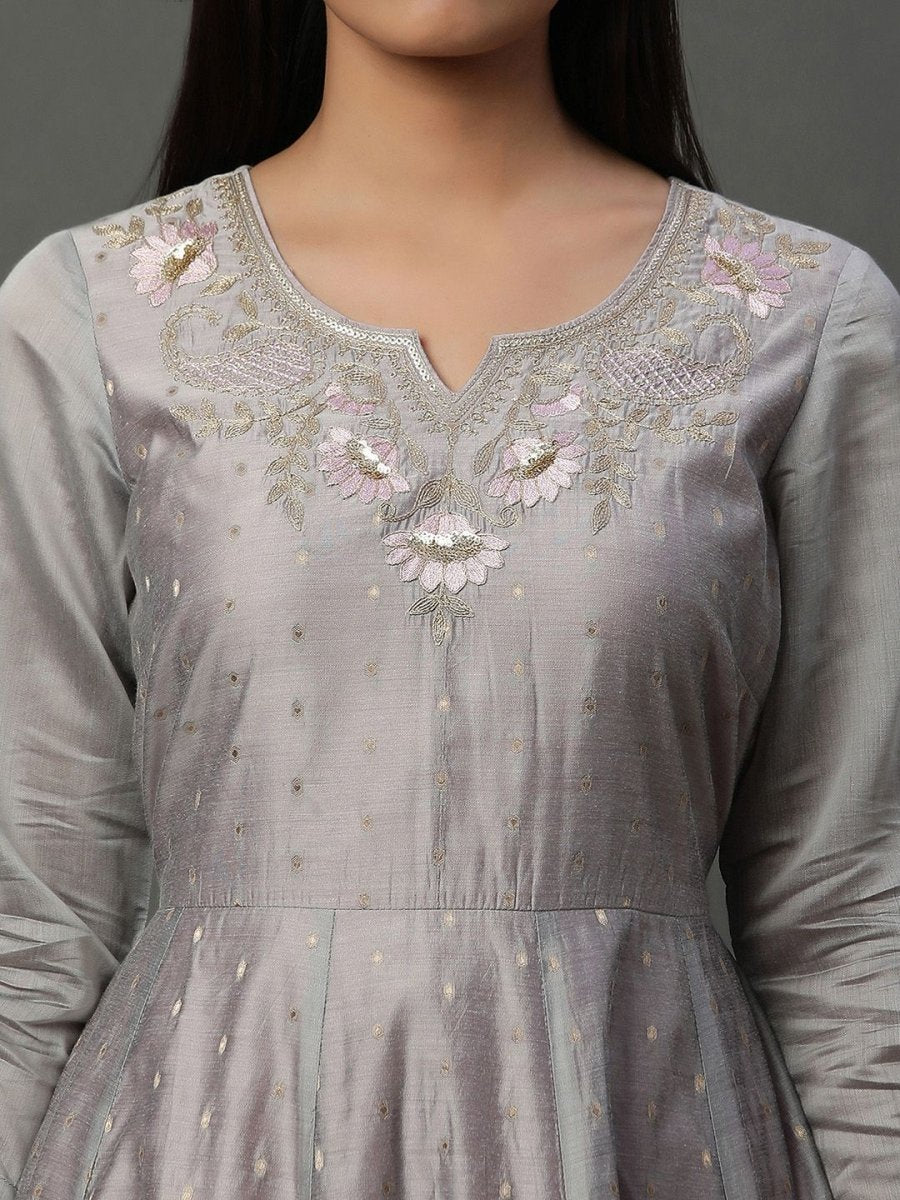 AURELIA Floral Embroidered Round Neck Sequinned Fit & Flare Maxi Ethnic Dress - Distacart