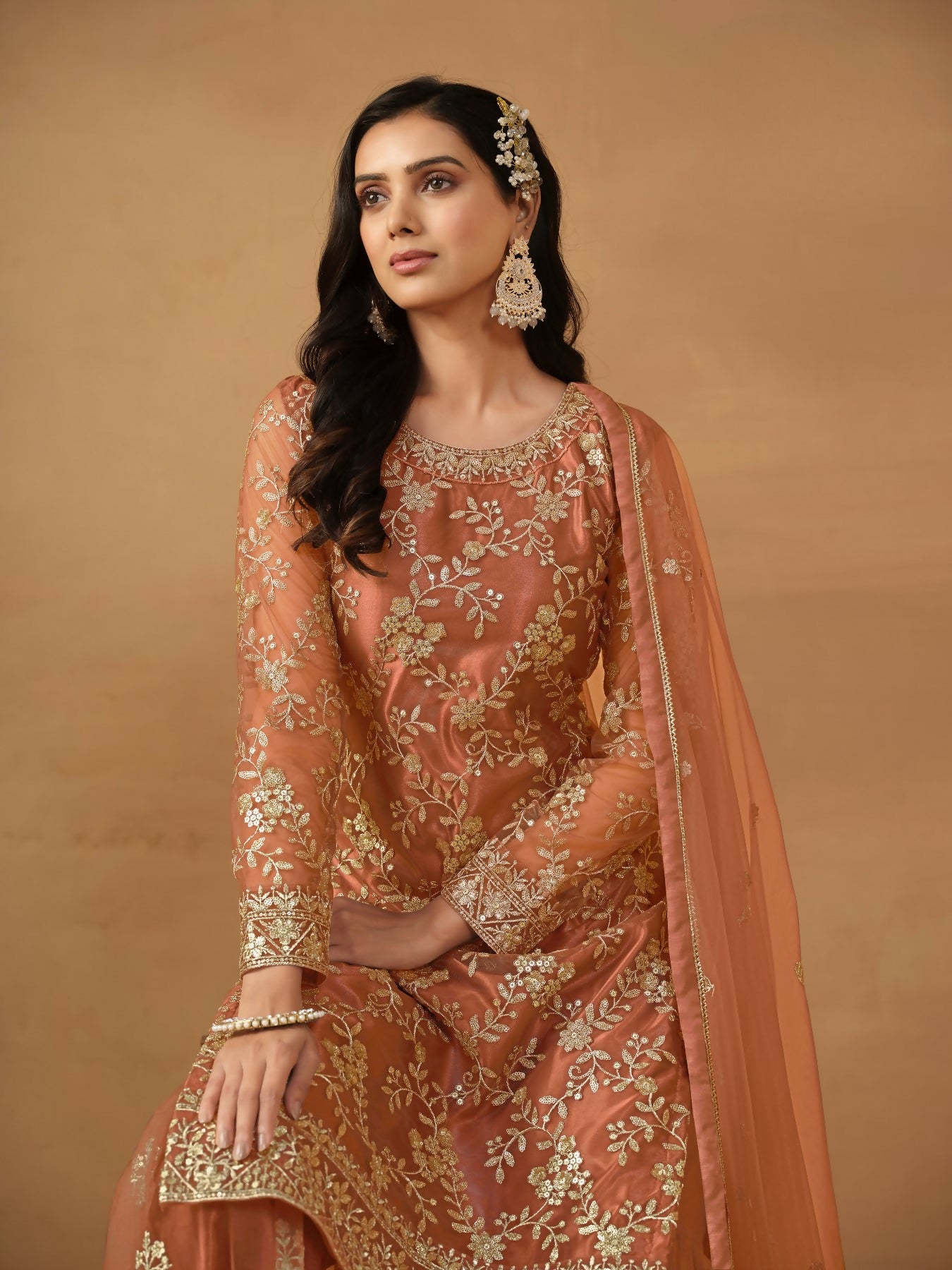 Anaita Brown Embroidered Net Salwar Suit - Distacart