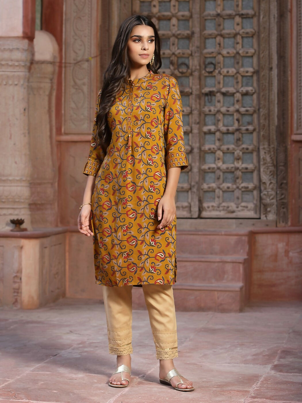 Juniper Mustard Floral Printed Muslin Kurta With Tassels & A Pleat At Front - Distacart
