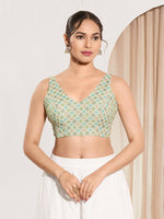 Thumbnail for Joban Fashion Pista Green Jacquard Padded Blouse With V Neck Sleeveless - Distacart