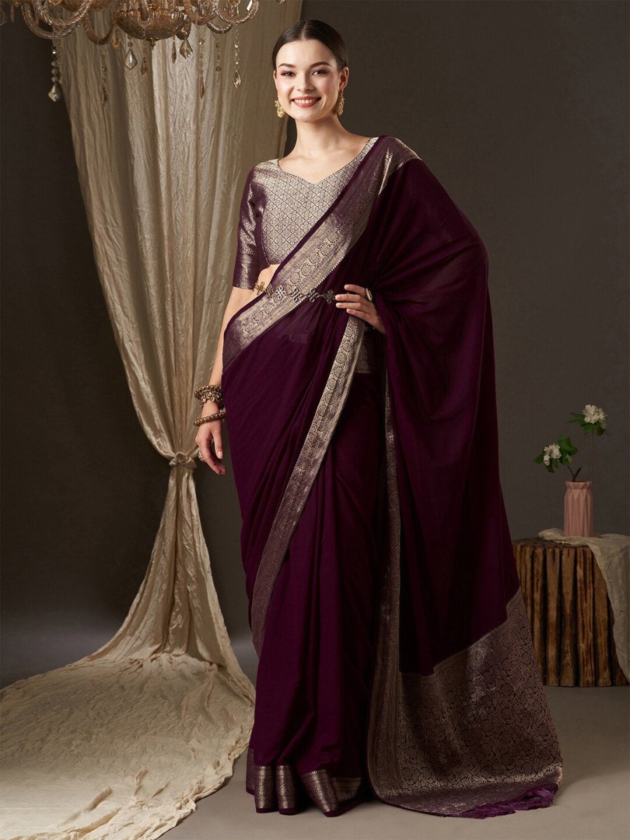Anouk Purple & Gold-Toned Zari Pure Georgette Kanjeevaram Saree - Distacart