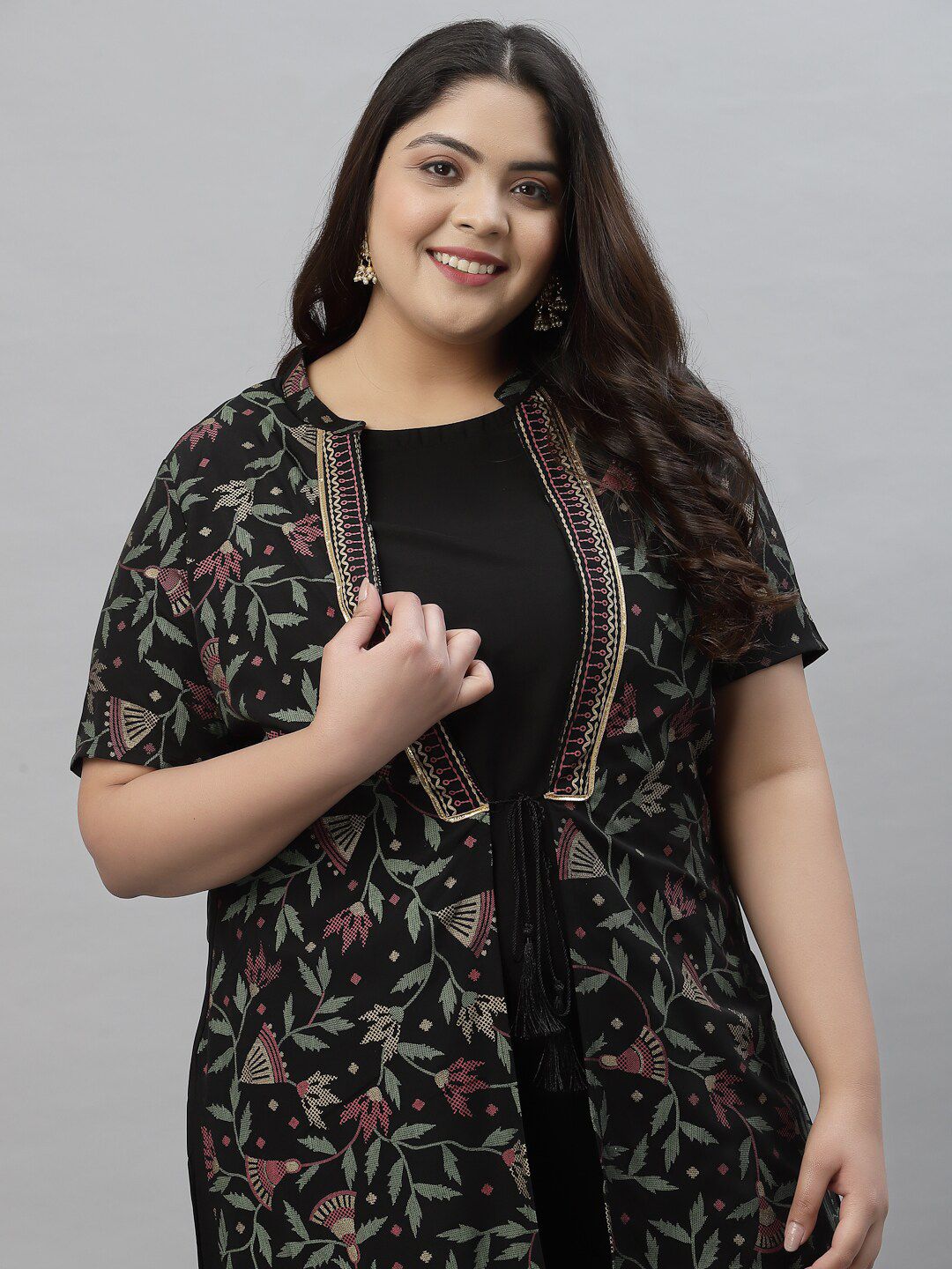 Sztori Plus Size Floral Printed Mandarin Collar Foil Printed A-Line Kurta With Trouser - Distacart