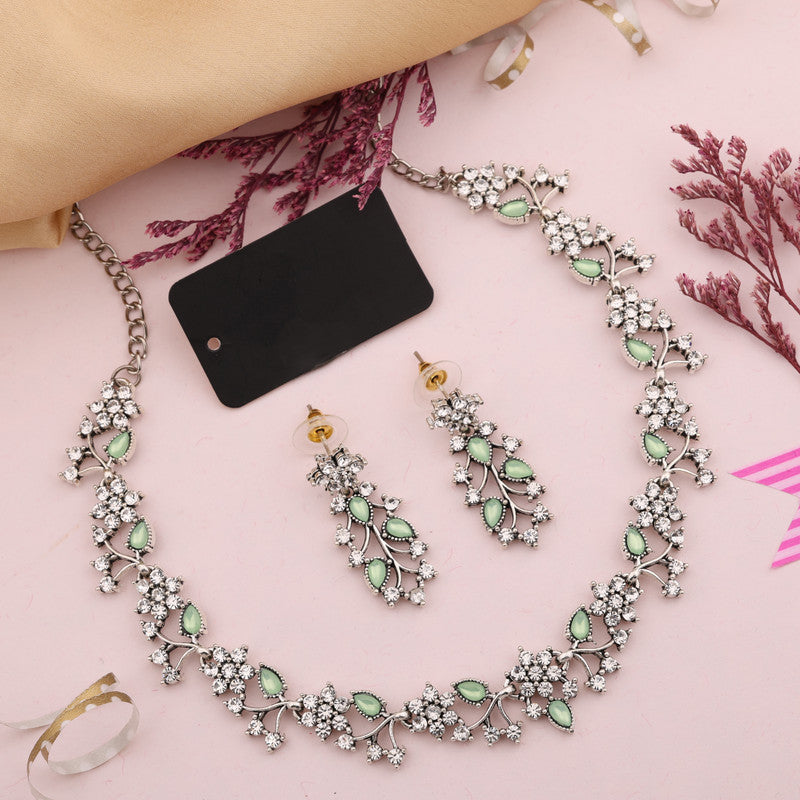 Tehzeeb Creations Silver Pleated White Diamond With Sea Green Beads Necklace Set - Distacart