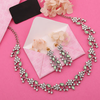 Tehzeeb Creations Silver Pleated White Diamond With Sea Green Beads Necklace Set - Distacart