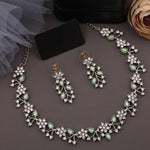 Thumbnail for Tehzeeb Creations Silver Pleated White Diamond With Sea Green Beads Necklace Set - Distacart