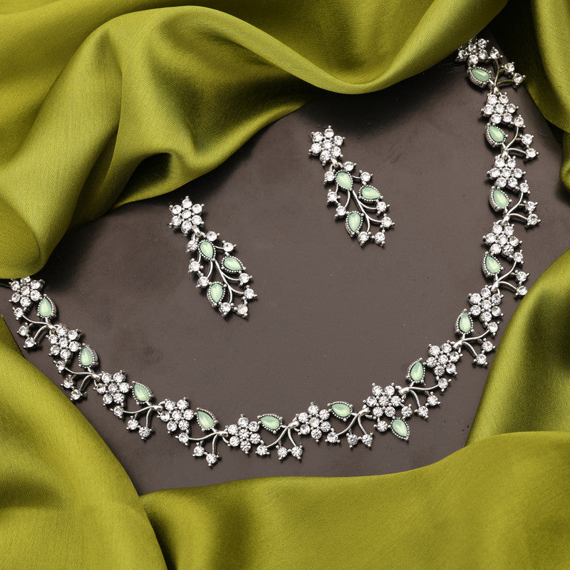 Tehzeeb Creations Silver Pleated White Diamond With Sea Green Beads Necklace Set - Distacart