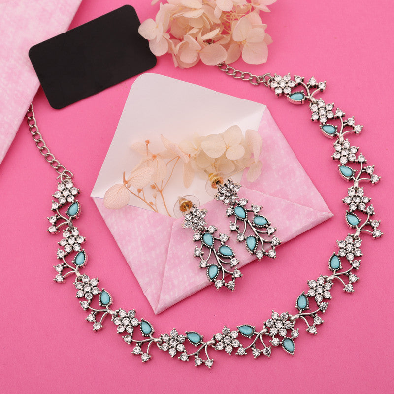 Tehzeeb Creations Silver Pleated White Diamond With Sky Blue Beads Necklace Set - Distacart