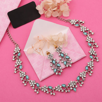 Tehzeeb Creations Silver Pleated White Diamond With Sky Blue Beads Necklace Set - Distacart