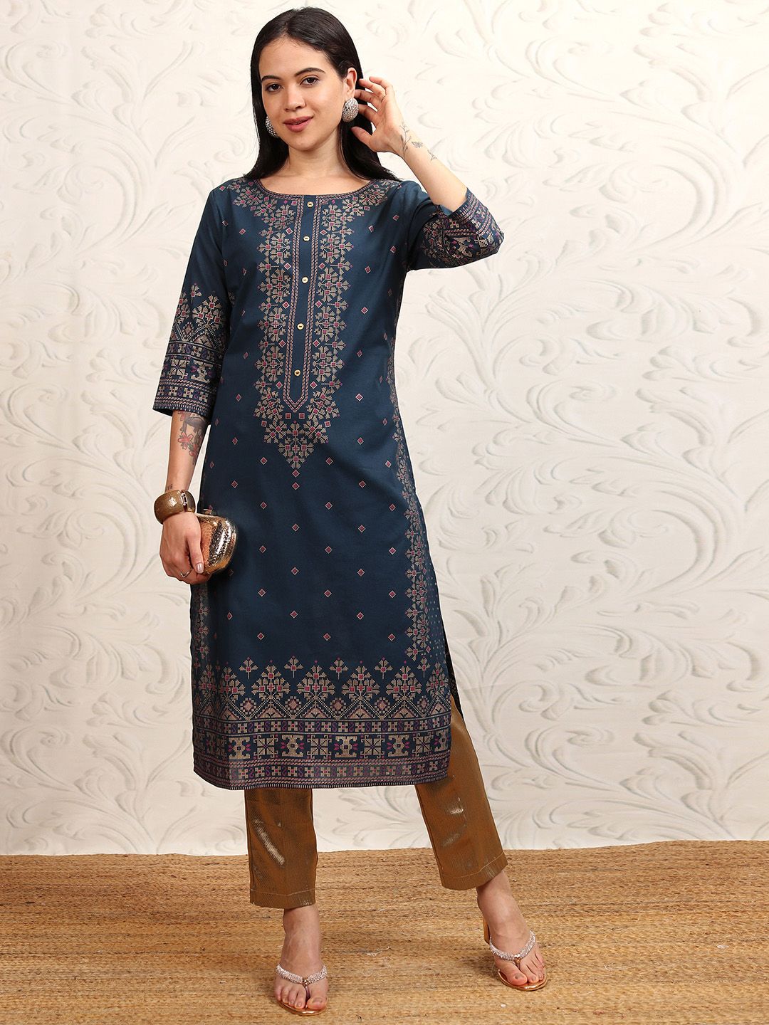 Vishudh Women Navy Blue Printed A-Line Kurta - Distacart