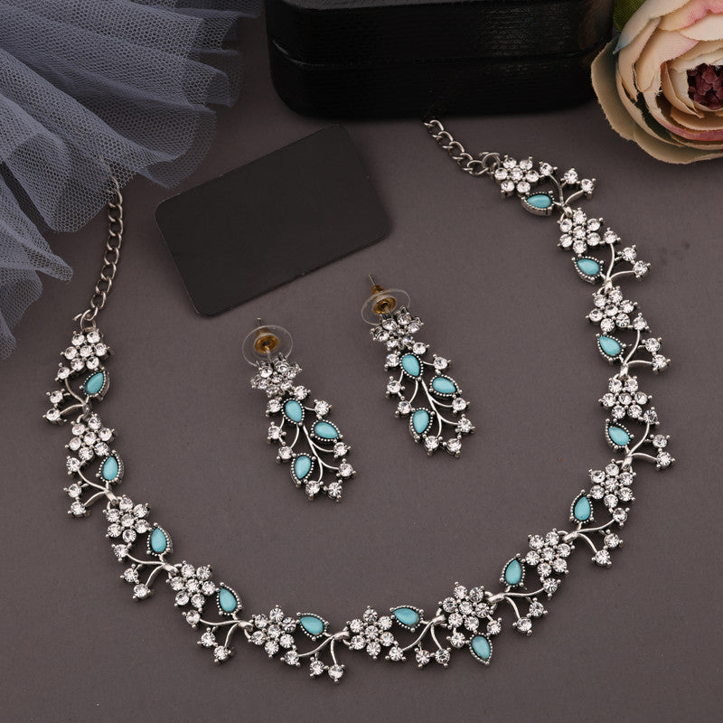 Tehzeeb Creations Silver Pleated White Diamond With Sky Blue Beads Necklace Set - Distacart