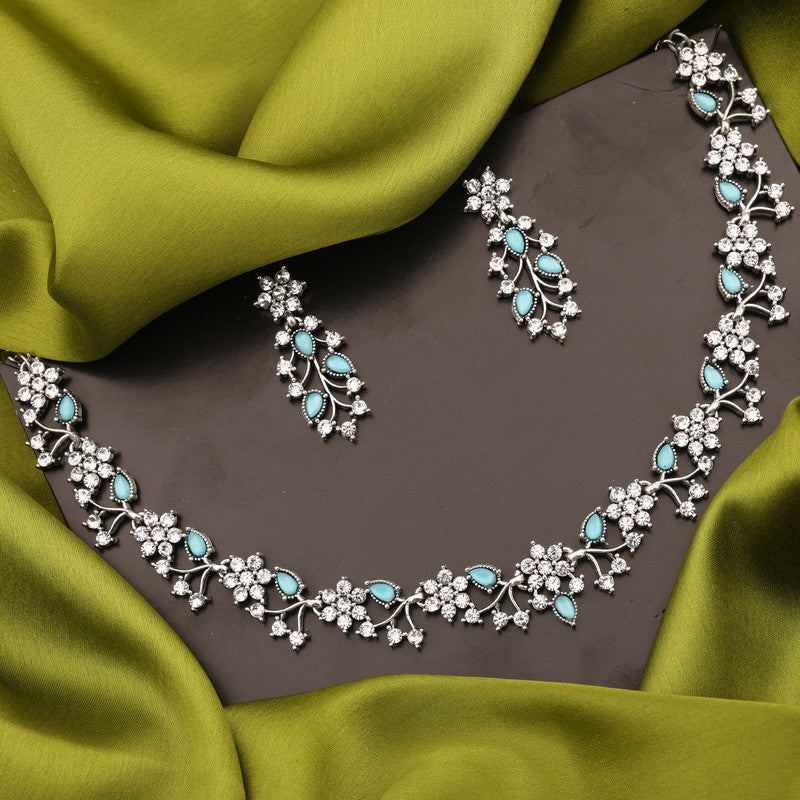 Tehzeeb Creations Silver Pleated White Diamond With Sky Blue Beads Necklace Set - Distacart