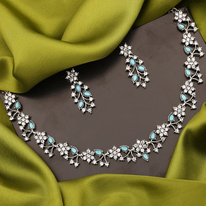 Tehzeeb Creations Silver Pleated White Diamond With Sky Blue Beads Necklace Set - Distacart