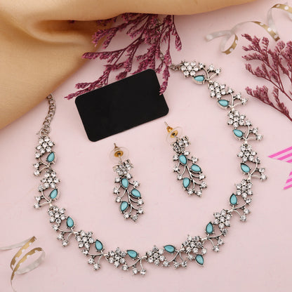 Tehzeeb Creations Silver Pleated White Diamond With Sky Blue Beads Necklace Set - Distacart