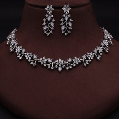 Tehzeeb Creations Silver Pleated White Diamond With White Beads Necklace Set - Distacart