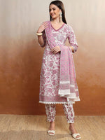 Thumbnail for Vishudh Women Floral Printed Regular Pure Cotton Kurta with Trousers & With Dupatta - Distacart