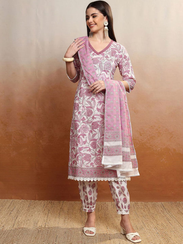 Vishudh Women Floral Printed Regular Pure Cotton Kurta with Trousers & With Dupatta - Distacart