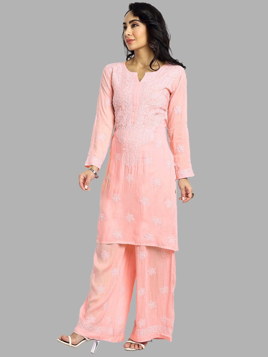 ADA Floral Embroidered Long Sleeves Regular Lucknowi Chikankari Kurta With Palazzos - Distacart