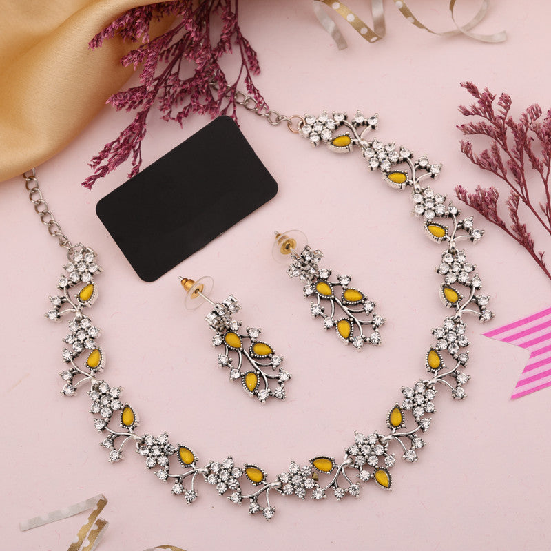 Tehzeeb Creations Silver Pleated White Diamond With Yellow Beads Necklace Set - Distacart