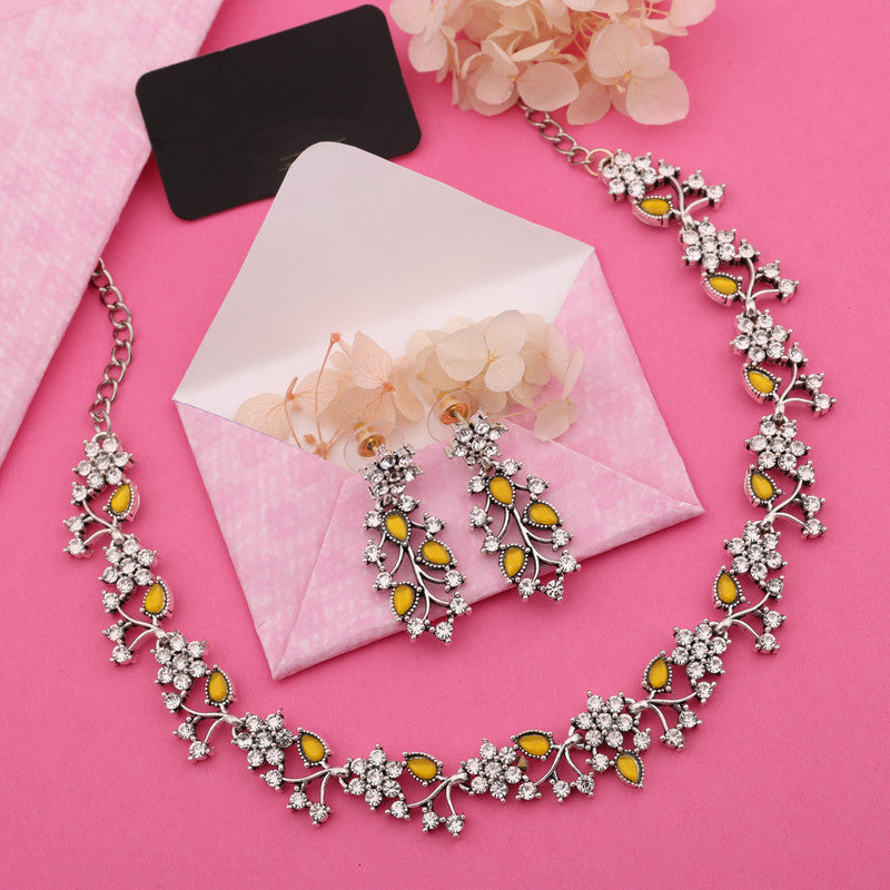 Tehzeeb Creations Silver Pleated White Diamond With Yellow Beads Necklace Set - Distacart