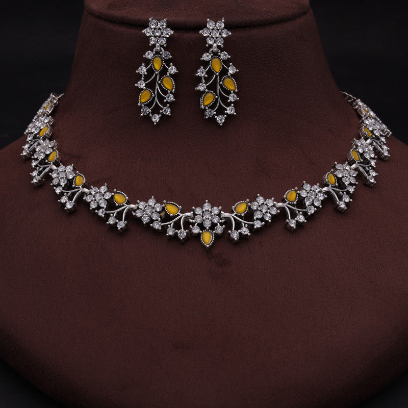 Tehzeeb Creations Silver Pleated White Diamond With Yellow Beads Necklace Set - Distacart