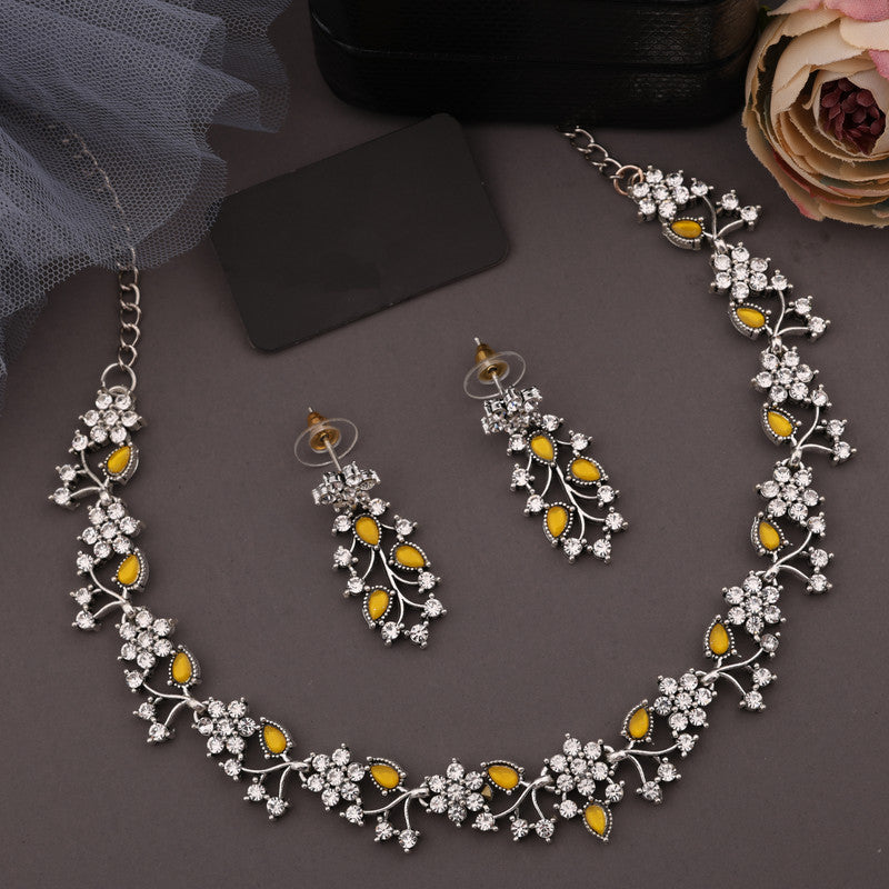 Tehzeeb Creations Silver Pleated White Diamond With Yellow Beads Necklace Set - Distacart