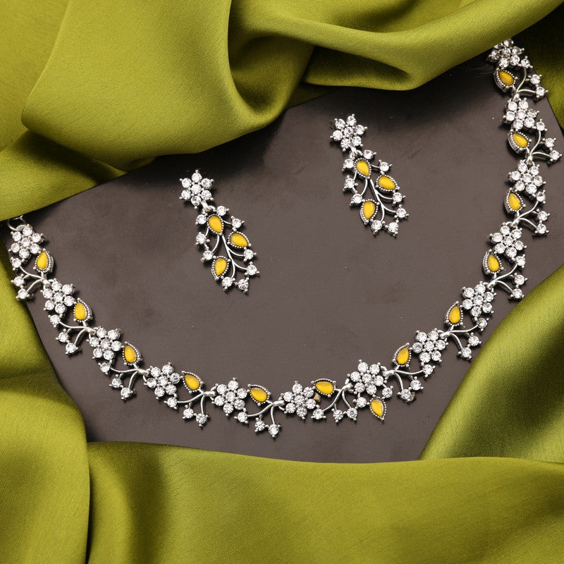 Tehzeeb Creations Silver Pleated White Diamond With Yellow Beads Necklace Set - Distacart