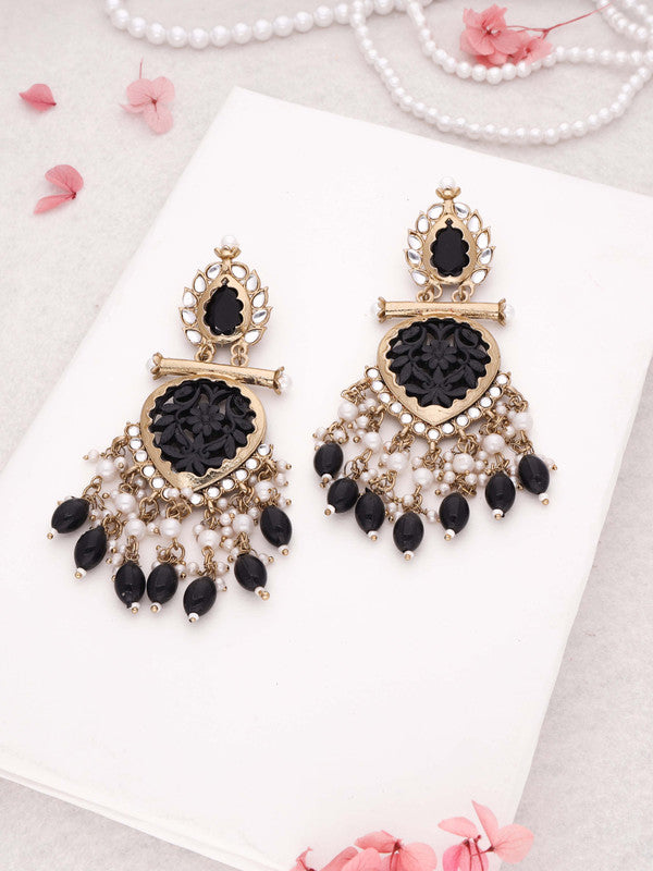 Tehzeeb Creations Latest Black Colour Gold Polish Kundan & Pearl Studded Designer Drop Long Earrings For Women And Girls Green - Distacart