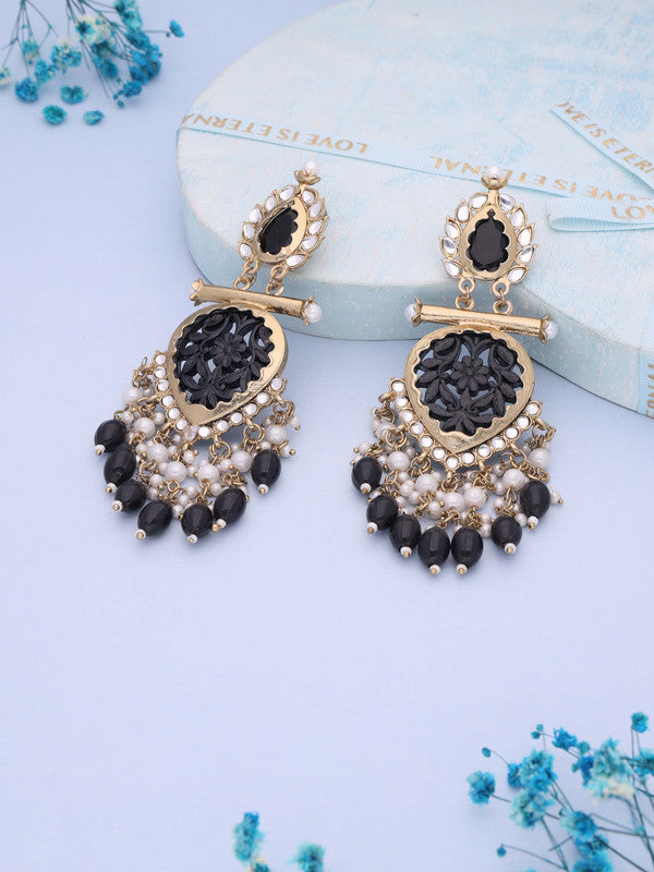 Tehzeeb Creations Latest Black Colour Gold Polish Kundan & Pearl Studded Designer Drop Long Earrings For Women And Girls Green - Distacart