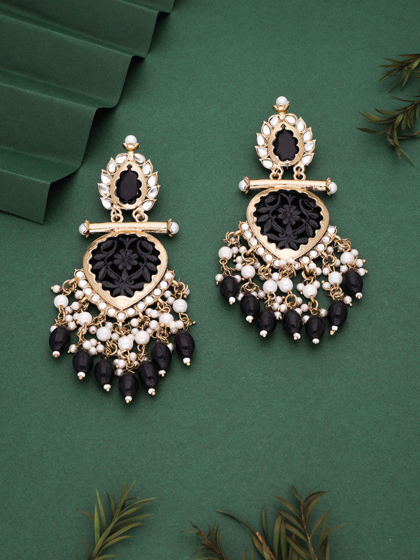 Tehzeeb Creations Latest Black Colour Gold Polish Kundan & Pearl Studded Designer Drop Long Earrings For Women And Girls Green - Distacart