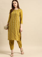 Thumbnail for All About You Women Mustard Yellow Floral Embroidered Thread Work Kurta with Trousers - Distacart