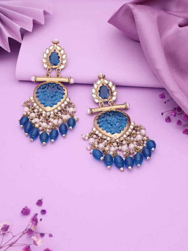 Tehzeeb Creations Latest Blue Colour Gold Polish Kundan & Pearl Studded Designer Drop Long Earrings For Women And Girls Maroon - Distacart