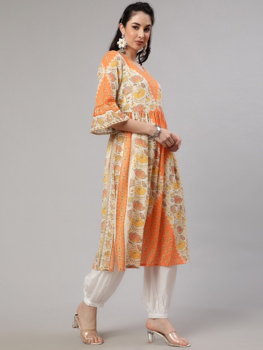 Aks Floral Printed V-Neck Bell Sleeves Pleated Cotton Kurta - Distacart