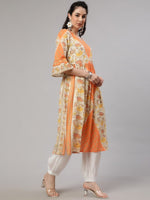 Thumbnail for Aks Floral Printed V-Neck Bell Sleeves Pleated Cotton Kurta - Distacart