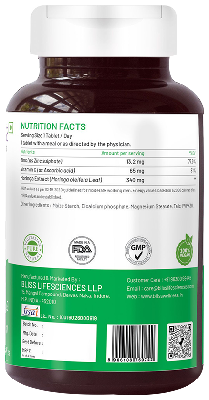 bliss welness immune health zinc vitamin c moringa veg tablet