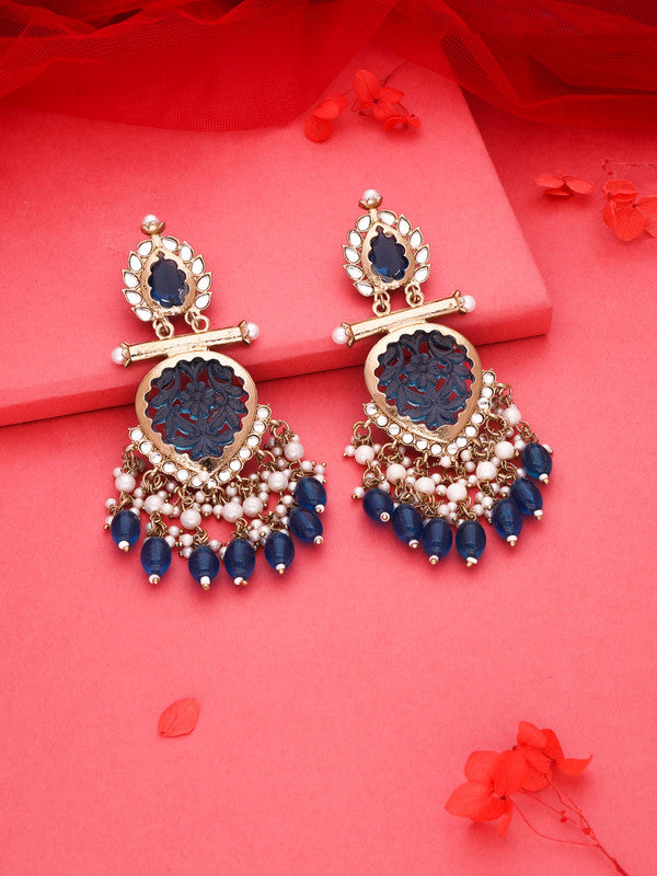 Tehzeeb Creations Latest Blue Colour Gold Polish Kundan & Pearl Studded Designer Drop Long Earrings For Women And Girls Maroon - Distacart
